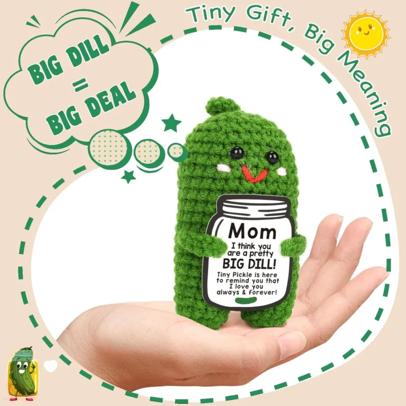 Funny crochet positive pickle plush dolls with card mothers day gift for mom from daughter or son handmade knitted pickle doll 2