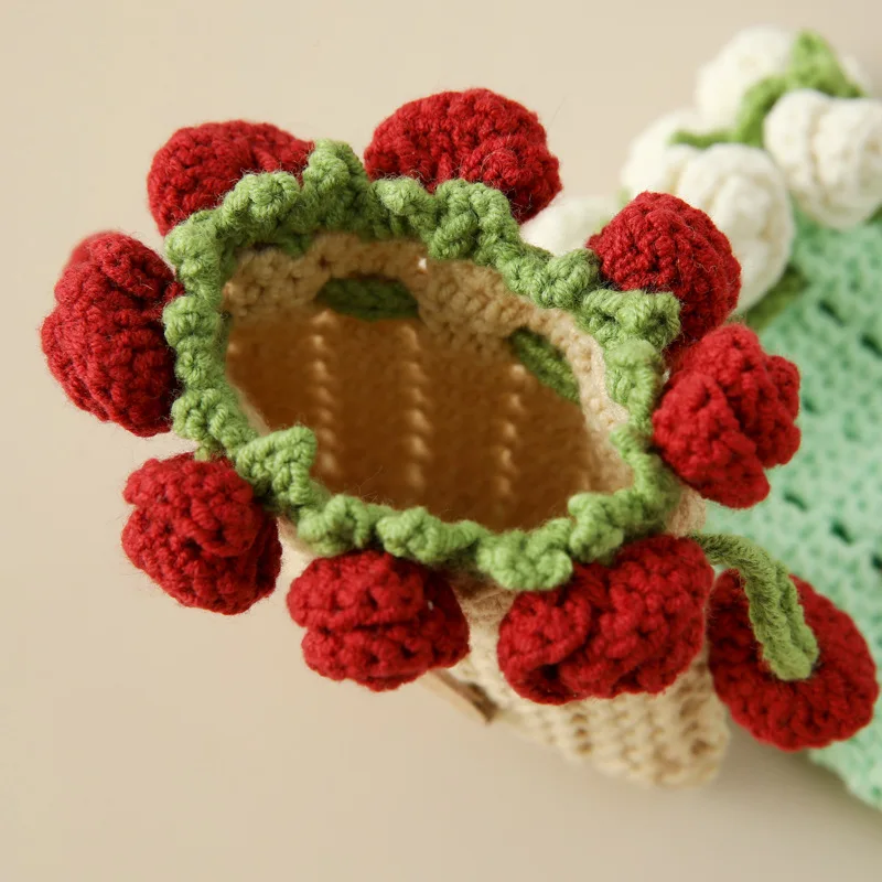 Ins crochet coin purse cute handmade lipstick bag adjustable rope with knitted rose mini makeup bag 4