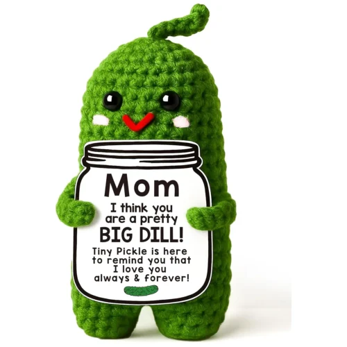 Funny crochet positive pickle plush dolls with card mothers day gift for mom from daughter or son handmade knitted pickle doll 1