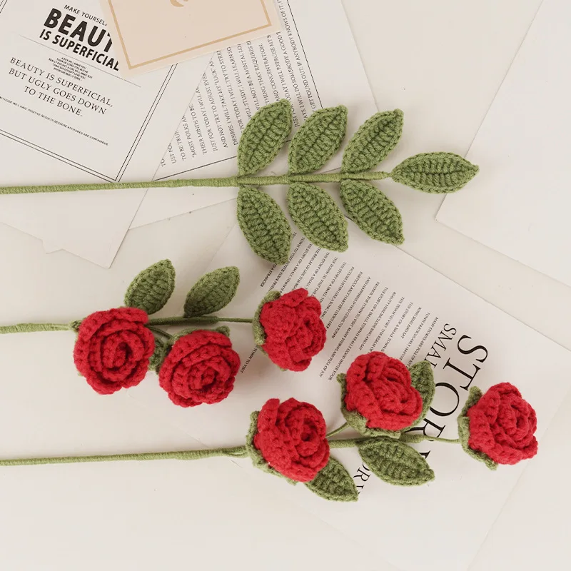 1pc rose knit flower creative crochet flowers bouquet crochet woven flowers wedding decor gift home decor 3