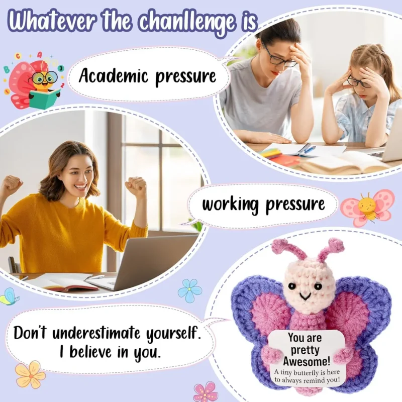 Positive energy butterfly hug pocket mini handmade plush wool knitting doll with card funny christams gift home room decoration 6