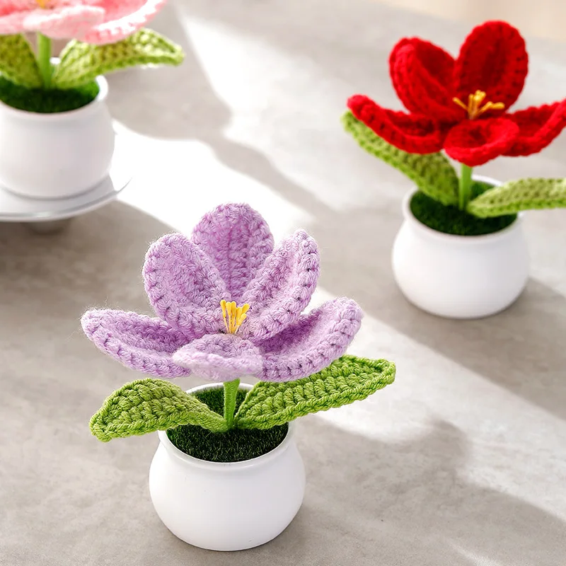 Knitting tulip flowers with potted cute crochet flower fake plant party gift home decor tulip woven flower 3