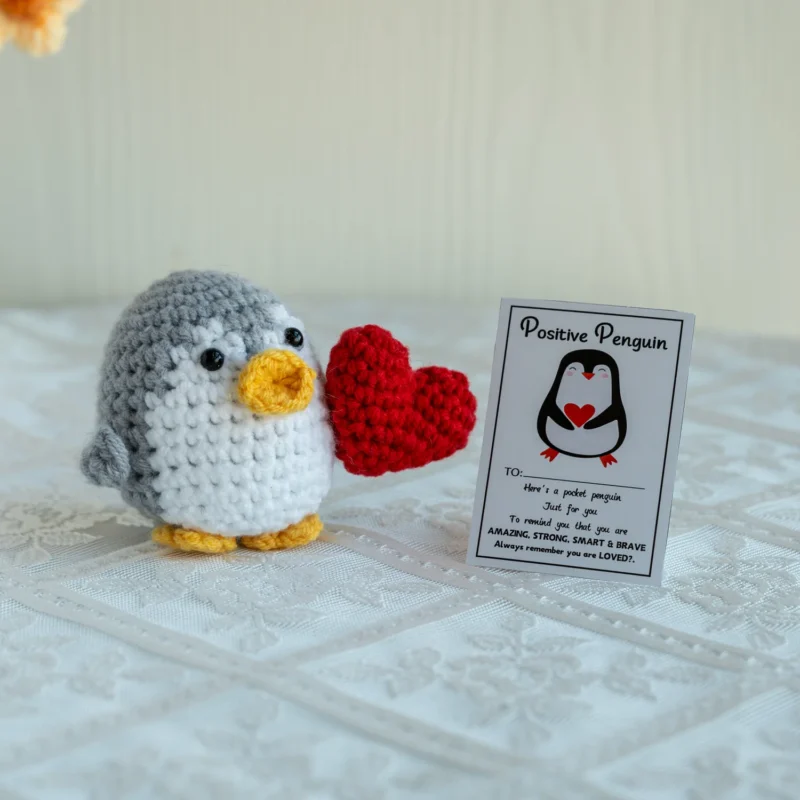 Funny handmade knitted heart penguin ornament home room decoration wool yarn crochet positive energy penguin doll christmas gift 2