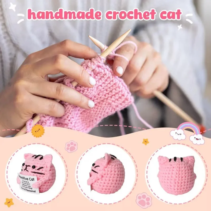 Cute handcrafted knitted cat doll with card room decor crochet positive cat doll ornament christams gifts home decoration 6