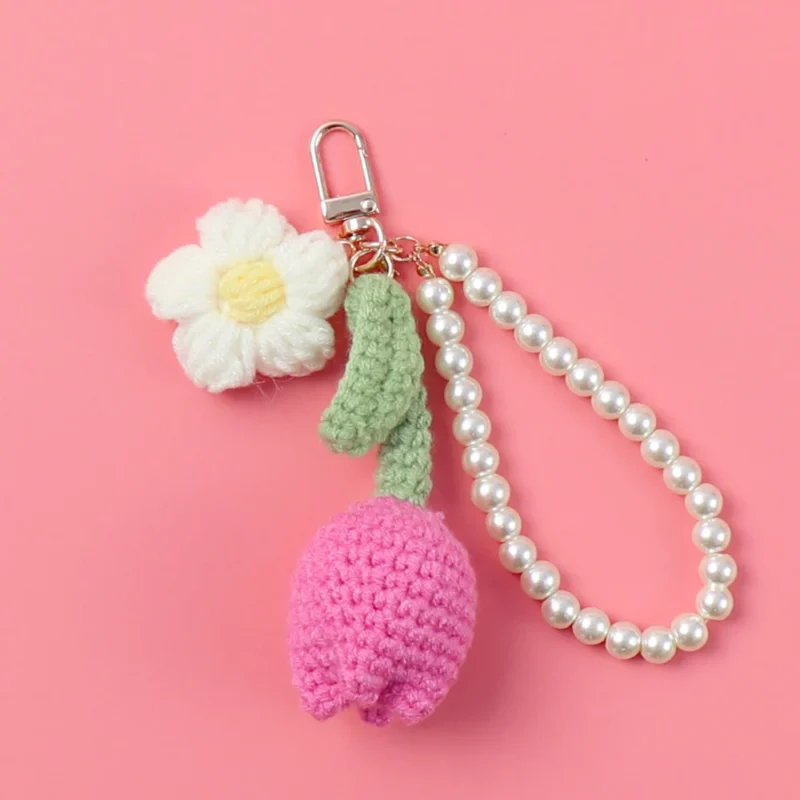 Tulip crochet keychain woven flower knitted keyring lovely bag pendant kintted tulip with pearl keychain 6
