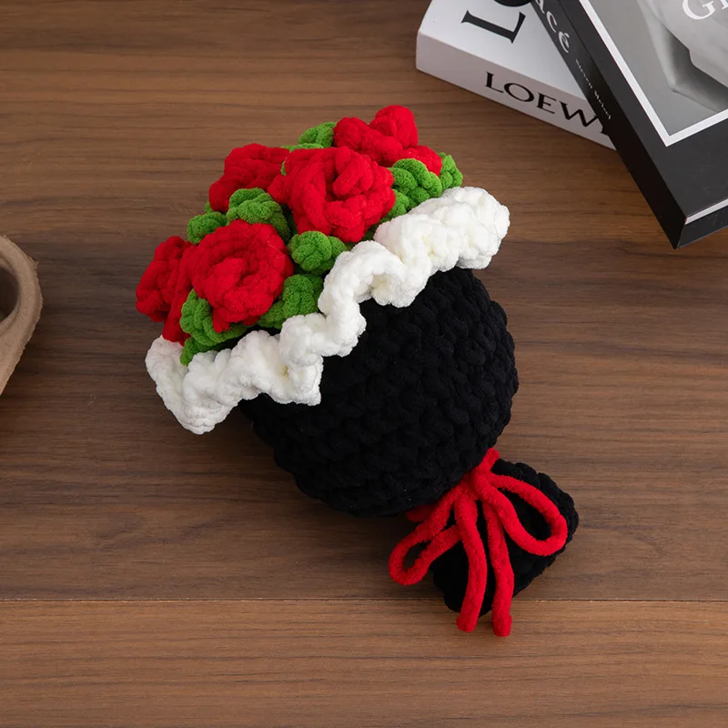 Rose sunflowers plush plants crochet finished knitted creative holding bouquets valentine mothers' day birthday graduation gift 6