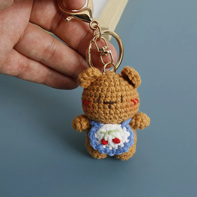 Mini handmade creative crochet stuffed key chain kawaii knitted cartoon bear doll key ring pendant car schoolbag keychain 4