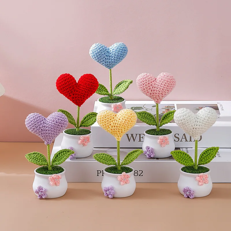 Handmade crochet heart shape potted stuffed plants finished woven bouquet home desktop decor christmas graduation gifts 1