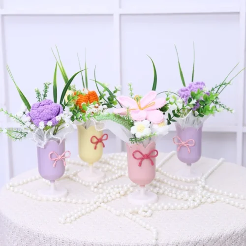 Artificial flowers sunflowers roses stuffed plants finished knitted crochet wine glass bouquets valentine mothers birthday gifts 1