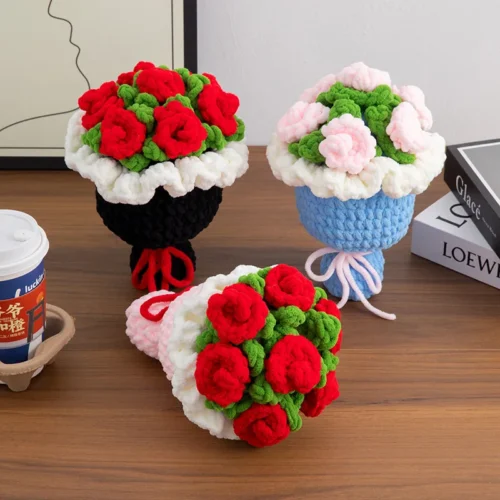 Rose sunflowers plush plants crochet finished knitted creative holding bouquets valentine mothers' day birthday graduation gift 1