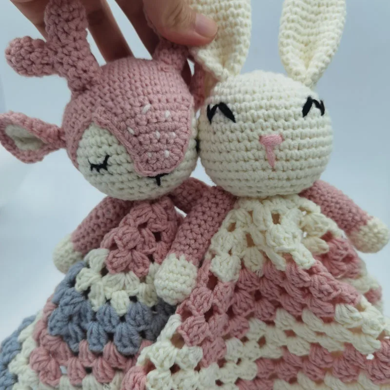 Crochet pattern sleeping deer toy set comfort towel baby rattle biting ring handmade baby teething ring stuffed plush toys gifts 3