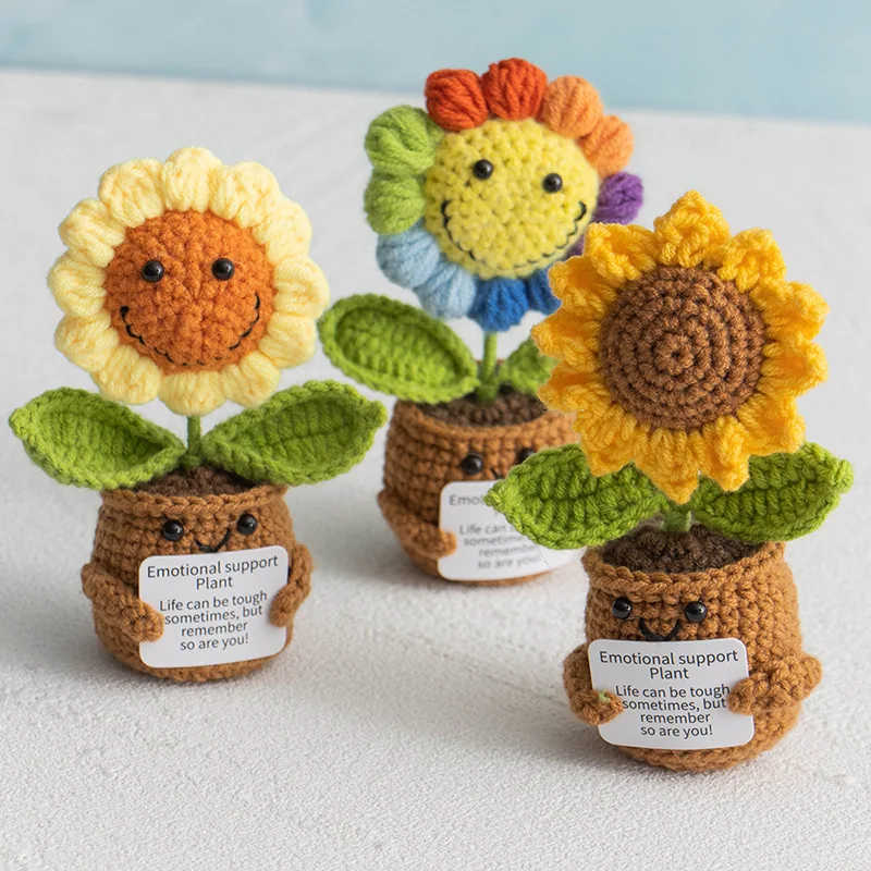 Finished woven crochet roses sunflowers potted emotional support stuffed plants mother valentine christmas graduation gifts 2