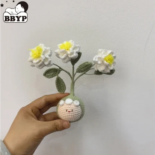 Crochet artificial plants fake flower potted hand woven gardenia bonsai handmade woven simulated flower kid home decorations 1