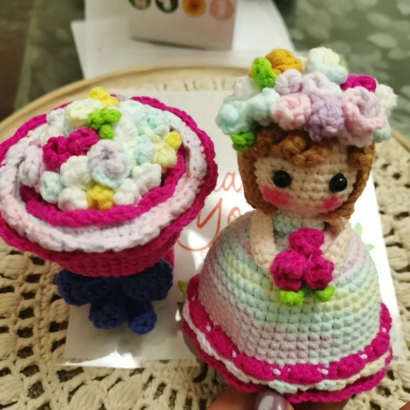 Handmade crochet cross dressing bride doll knitted finished flower bouquet decoration girls birthday gift knitting supplies 6