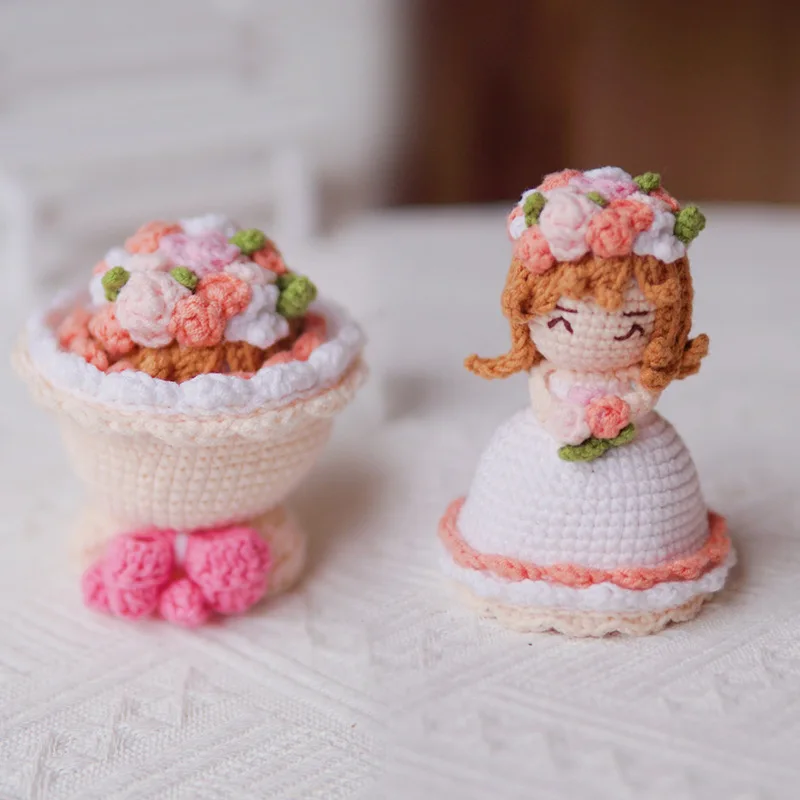 Handmade crochet cross dressing bride doll finished knitted hand bouquet crochet knitted doll table decor wedding companion gift 2