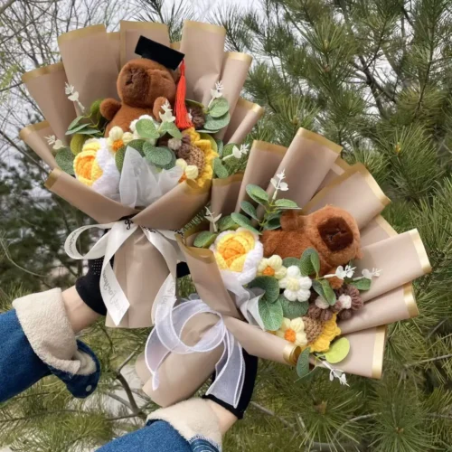 Kapibala plush animals with crochet roses sunflowers creative flower bouquets soft doll christmas graduation birthday gifts 1