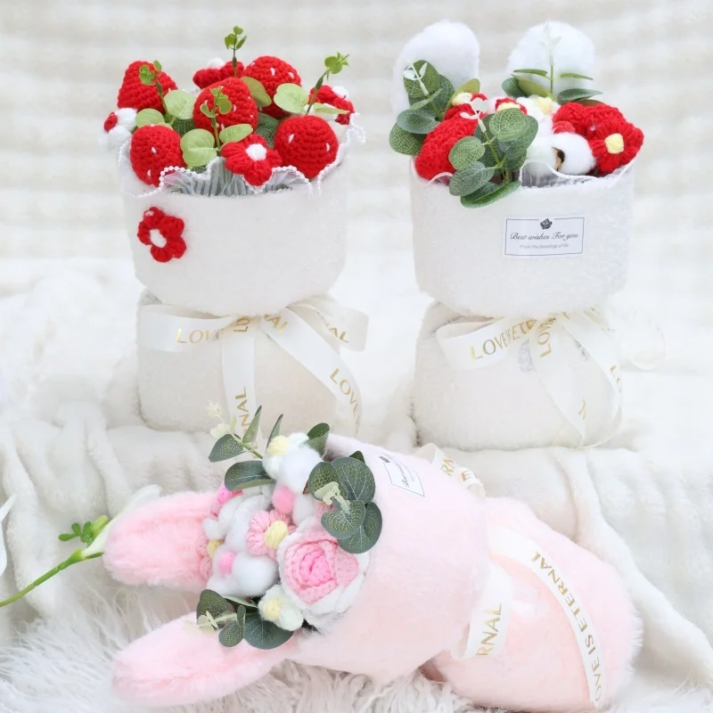 Artificial flowers sunflowers strawberries stuffed plants finished knitted crochet bouquets gifts for valentine mothers birthday 3