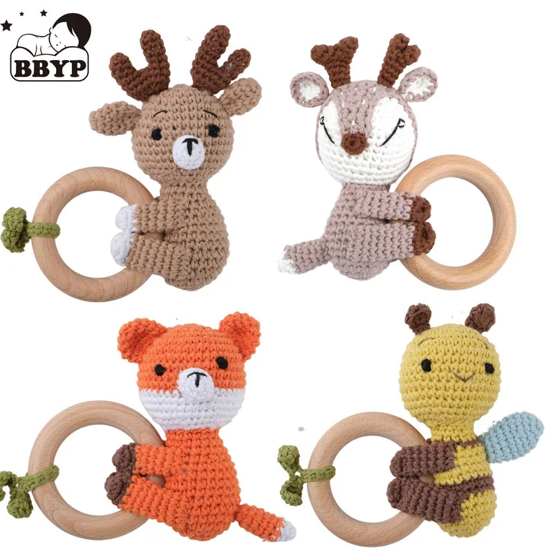 1pc bpa free diy crochet elk fox bee baby teether wooden teether ring rattle newborn teething nursing soother molar educational 1