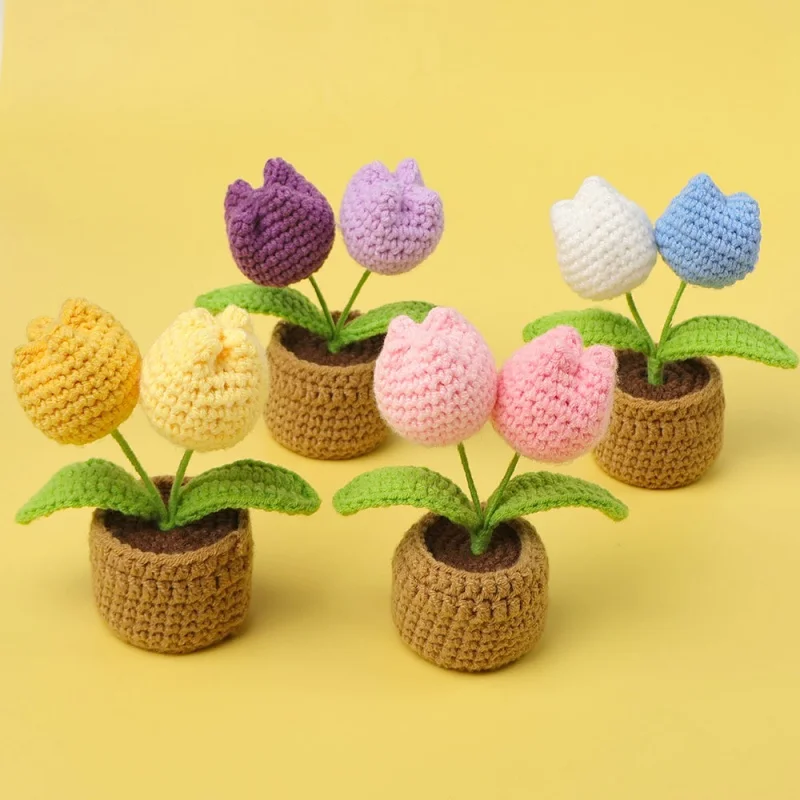 12cn mini finished woven crochet tulip potted stuffed plants home table decoration mother valentine christmas graduation gifts 2