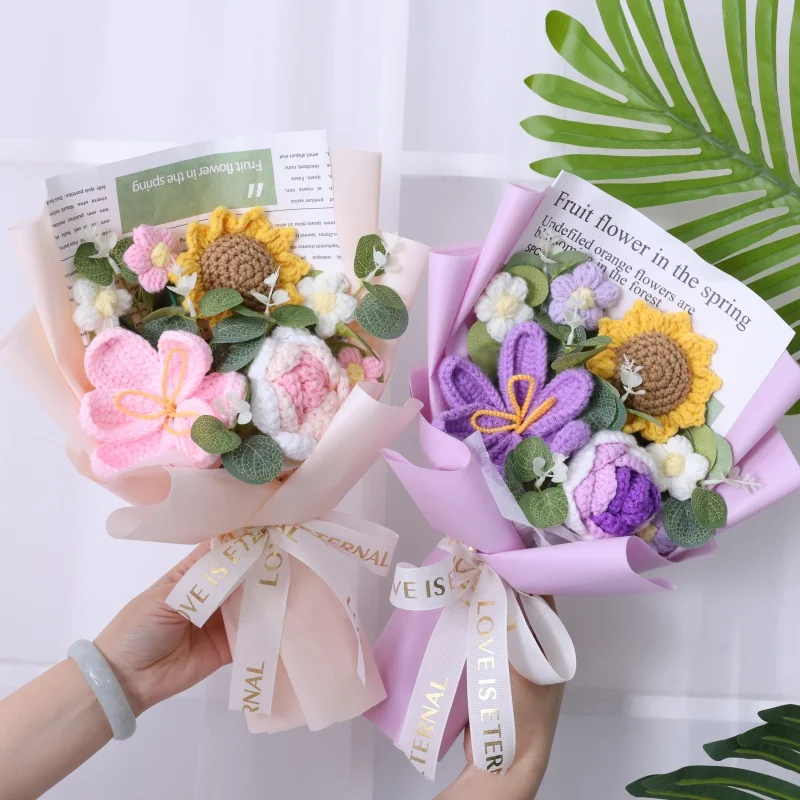 Rose sunflowers tulip artificial flowers crochet finished knitted bouquets valentine mothers' day birthday graduation gift 3