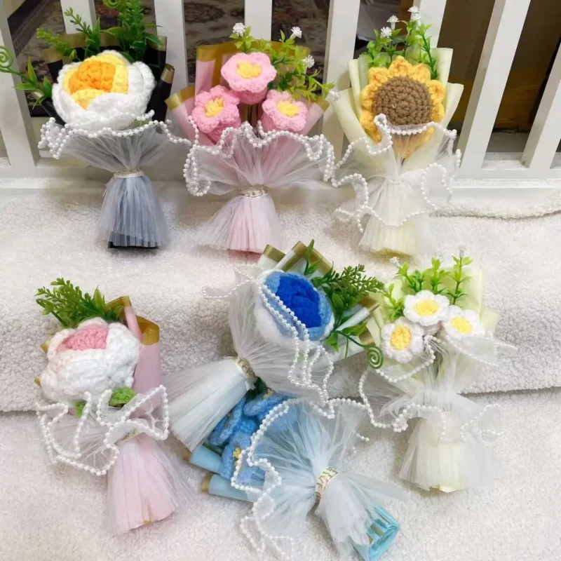 Handmade 15cm mini crochet flowers stuffed plants home desktop car decor christmas graduation birthday gifts 2