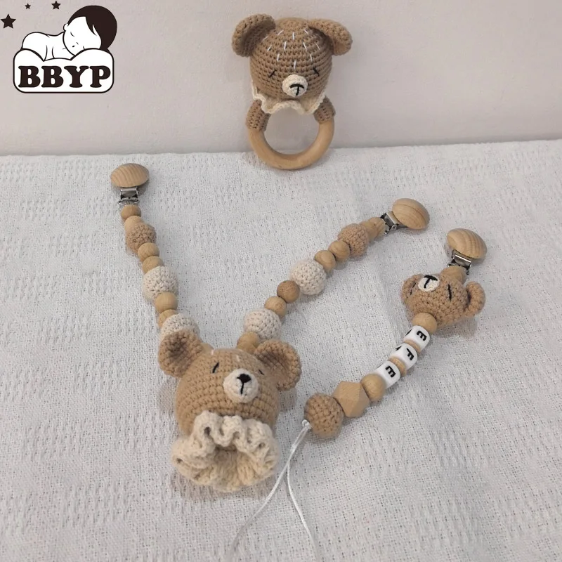 Personaliza baby wood crochet stroller toys bear bed hanging rattle toy animal pendant bead bracelet baby crib mobile rattle toy 1