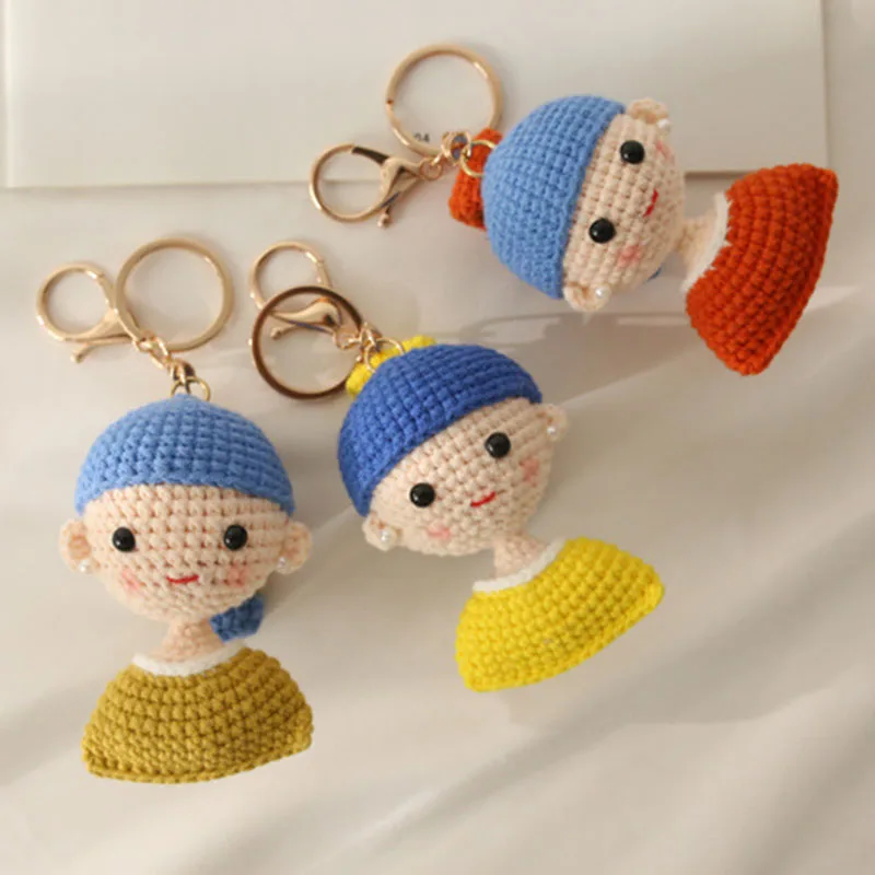 Cute mini plush toy phone chain hand woven knitted pearl girl doll pendant jewelry for girls kawaii key pendant bag decoration 6