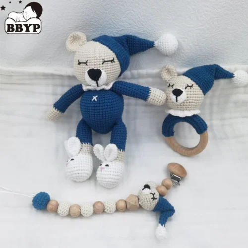 1 set diy crochet bear baby teether newborn bunny rattle toy wooden molar teething ring pacifier clips chain set baby stuff 1