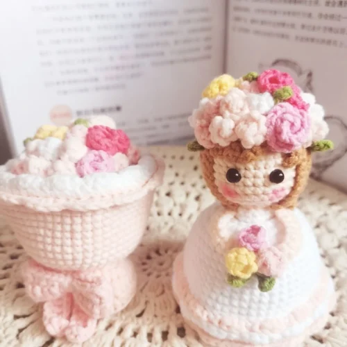 Handmade crochet cross dressing bride doll knitted finished flower bouquet decoration girls birthday gift knitting supplies 1