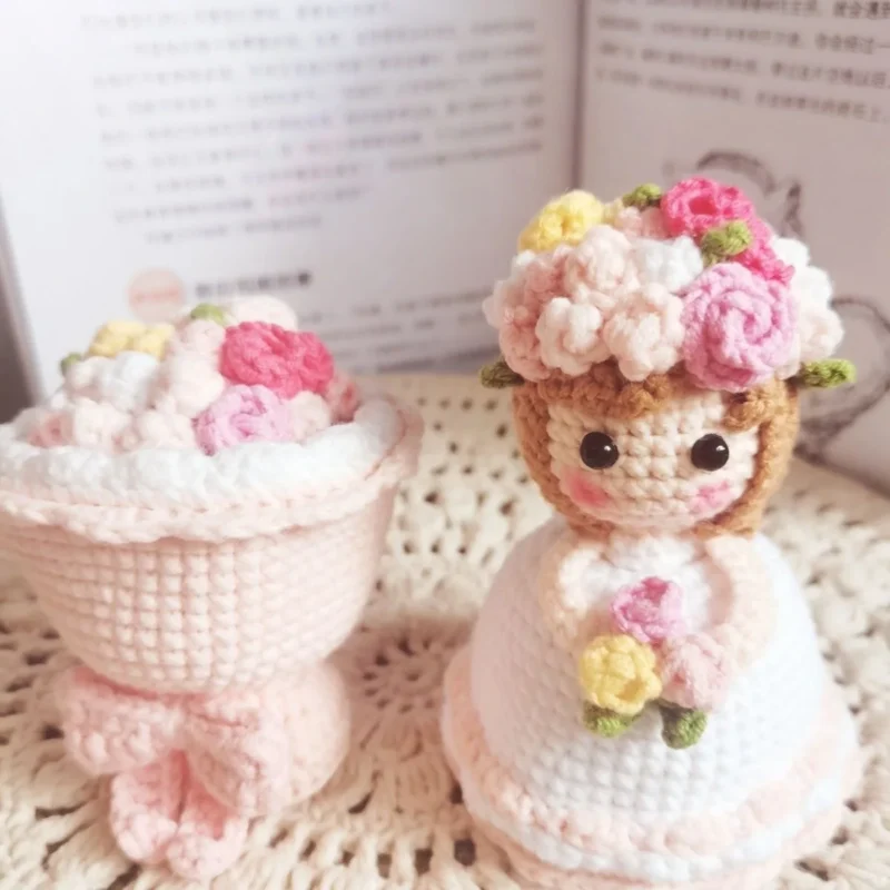 Handmade crochet cross dressing bride doll knitted finished flower bouquet decoration girls birthday gift knitting supplies 1