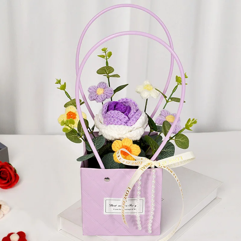 New style crochet sunflowers roses carnation plush plants finished knitted handbag bouquets valentine birthday graduation gifts 5