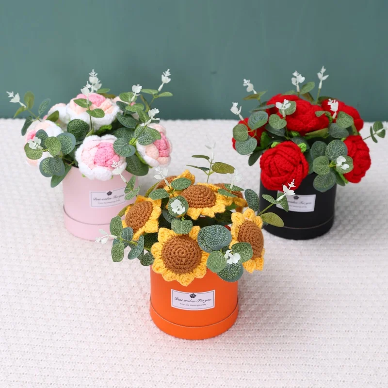 Artificial flowers sunflowers roses stuffed plants finished knitted crochet hug bucket bouquets valentine mothers birthday gifts 4