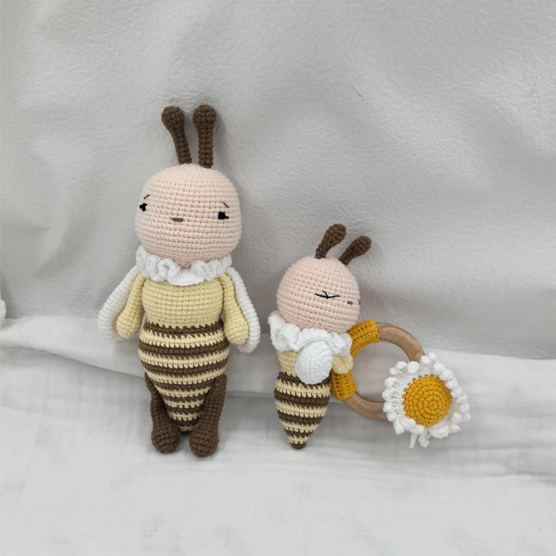 1set crochet bee baby teether rattle safe beech wooden teether ring pacifier clip chain set newborn mobile gym educational toy 3