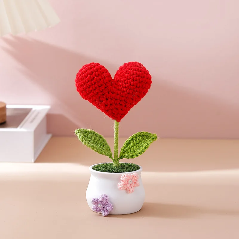 Handmade crochet heart shape potted stuffed plants finished woven bouquet home desktop decor christmas graduation gifts 5