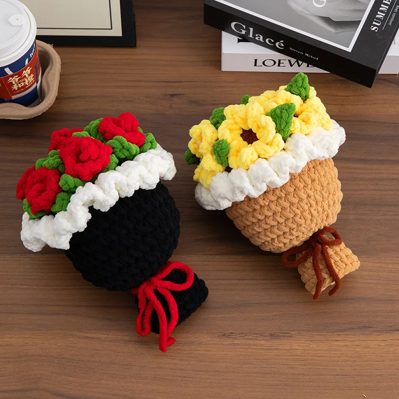 Rose sunflowers plush plants crochet finished knitted creative holding bouquets valentine mothers' day birthday graduation gift 3