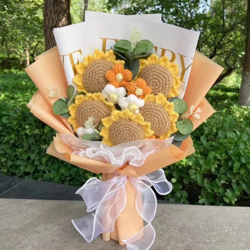 Artificial rose sunflowers tulip carnations finished knitted crochet bouquets gifts for valentine mothers birthday graduation 4