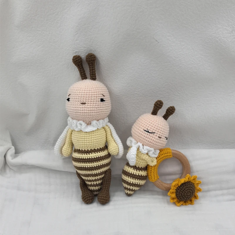 1set crochet bee baby teether rattle safe beech wooden teether ring pacifier clip chain set newborn mobile gym educational toy 4
