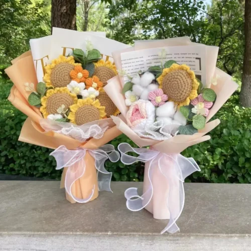 Artificial rose sunflowers tulip carnations finished knitted crochet bouquets gifts for valentine mothers birthday graduation 1