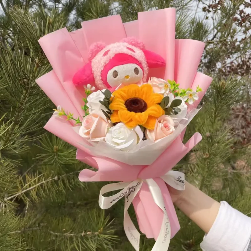 Cartoon my melody kuromi cinnamoroll kt cat plush doll holding flower bouquet valentine's day christmas graduation birthday gift 3