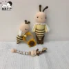 1set crochet bee baby teether rattle safe beech wooden teether ring pacifier clip chain set newborn mobile gym educational toy 1
