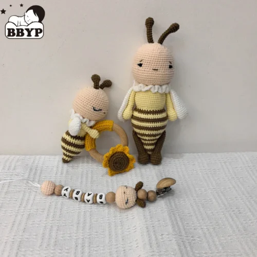 1Set Crochet Bee Baby Teether Rattle Safe Beech Wooden Teether Ring Pacifier Clip Chain Set Newborn Mobile Gym Educational Toy 1 1set crochet bee baby teether rattle safe beech wooden teether ring pacifier clip chain set newborn mobile gym educational toy 1