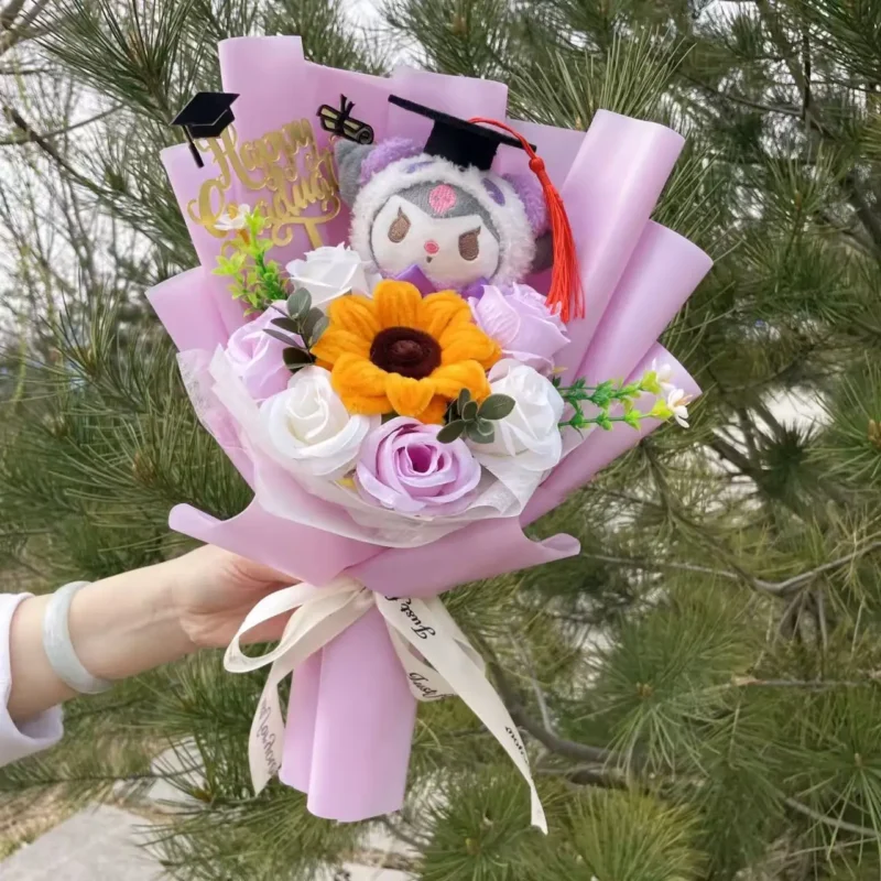 Cartoon my melody kuromi cinnamoroll kt cat plush doll holding flower bouquet valentine's day christmas graduation birthday gift 4