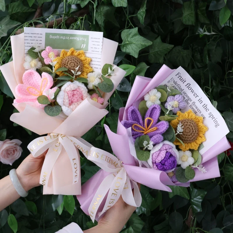 Rose sunflowers tulip artificial flowers crochet finished knitted bouquets valentine mothers' day birthday graduation gift 2