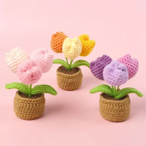 12cn mini finished woven crochet tulip potted stuffed plants home table decoration mother valentine christmas graduation gifts 1
