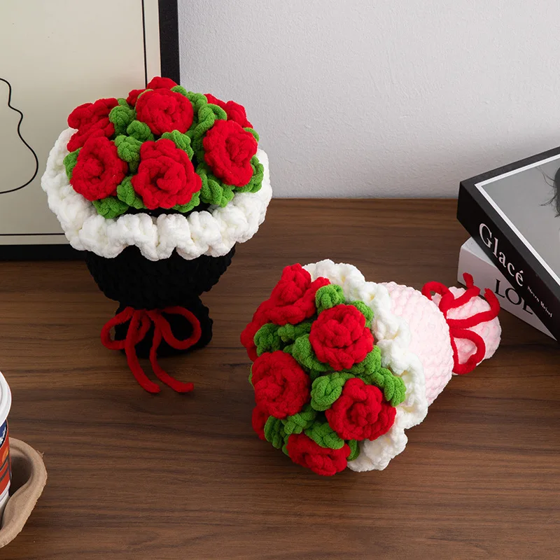 Rose sunflowers plush plants crochet finished knitted creative holding bouquets valentine mothers' day birthday graduation gift 5