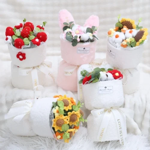 Artificial flowers sunflowers strawberries stuffed plants finished knitted crochet bouquets gifts for valentine mothers birthday 1