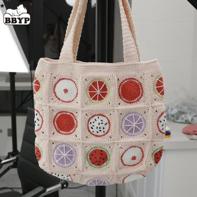 Diaper bag large capacity portable baby stroller bag organizer handmade crochet fruit mommy maternity shoulder bag 1