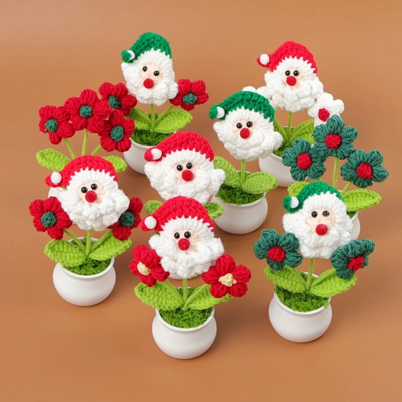 Stuffed plants santa claus handmade crochet knitted flowers pots table home decoration christmas birthday gifts for kids 2