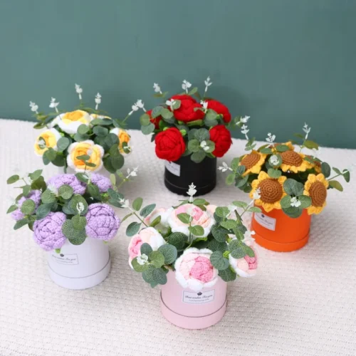 Artificial flowers sunflowers roses stuffed plants finished knitted crochet hug bucket bouquets valentine mothers birthday gifts 1