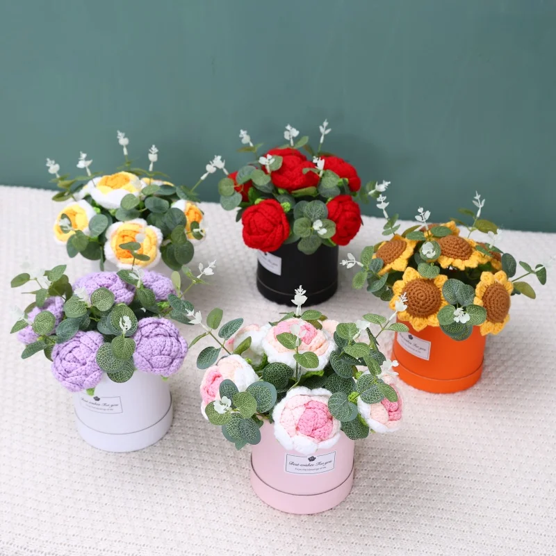 Artificial flowers sunflowers roses stuffed plants finished knitted crochet hug bucket bouquets valentine mothers birthday gifts 1